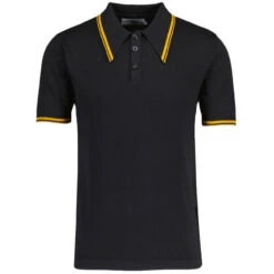 Empire Mod Big Collar Popcorn Waffle Polo In Black/Buckthorn -KDX Clothing Store madcap england empire popcorn waffle polo black buckthorne mc1051 21 83305.1695997623
