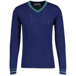 Fellini Pointelle Knit Tipped V-neck Jumper In Navy 14 Fellini Pointelle Knit Tipped V-neck Jumper In Navy -KDX Clothing Store madcap england fellini tipped v neck jumper navy mc1050 3 42394.1695997601
