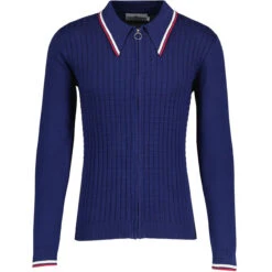 Apollo Mod Grid Check Big Collar Zip Polo Cardigan In Navy -KDX Clothing Store madcap england grid knit ring zip polo cardigan navy mc1069 3 54441.1693991792