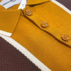 Junot Mod Waffle Stripe Panel Knit Polo Buckthorne 12 Junot Mod Waffle Stripe Panel Knit Polo Buckthorne -KDX Clothing Store madcap england junot textured stripe knitted polo top buckthorne 4 23561.1697534833