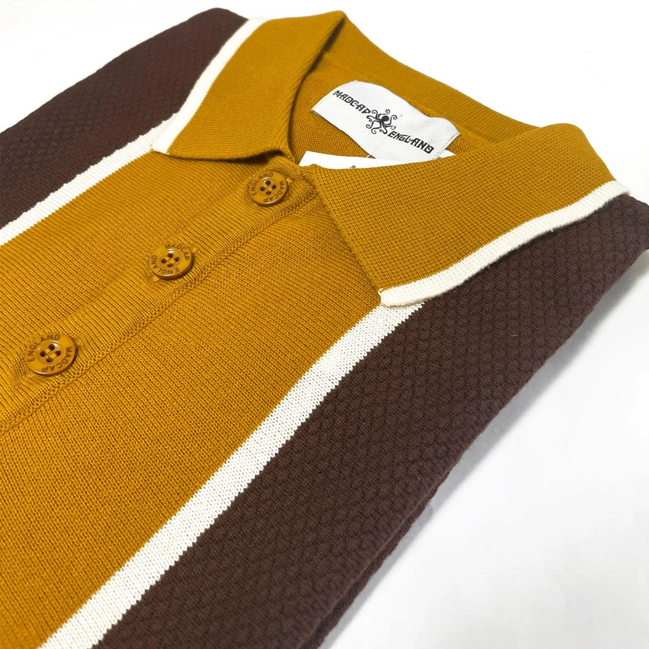 Junot Mod Waffle Stripe Panel Knit Polo Buckthorne 4 Junot Mod Waffle Stripe Panel Knit Polo Buckthorne - Image 2