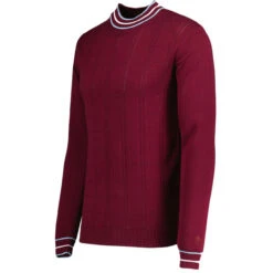 Moore Mod Pointelle Knit Tipped Mock Turtleneck Jumper In Zinfandel -KDX Clothing Store madcap england moore tipped pointelle knit tee zinfandel mc1049 2 09981.1695997397