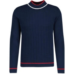 Kingly Grid Jacquard Turtleneck SW 7 Kingly Grid Jacquard Turtleneck SW -KDX Clothing Store madcapeng jaquard turtleneck jumper navy front 43437.1678188353